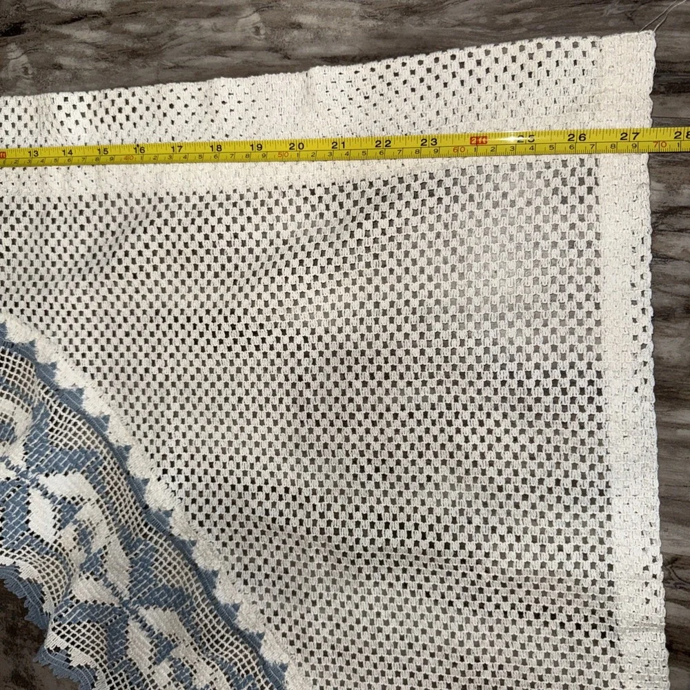 Set of 2 Vintage Curtain Curtains Blue Lace Cream Blue Cottage Crochet Lace
